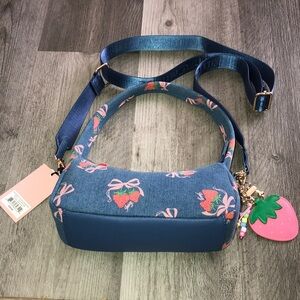 Juicy Couture Denim Multi Strawberry Festival Shoulder Bag + Strap & Charm NWT